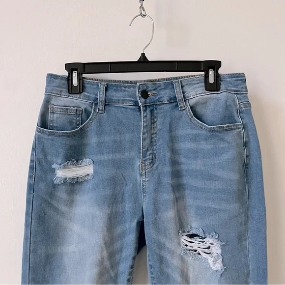 Raw Hem Medium Wash Distressed Ripped Hole Boyfriend Denim Jeans - Picture 5 of 12
